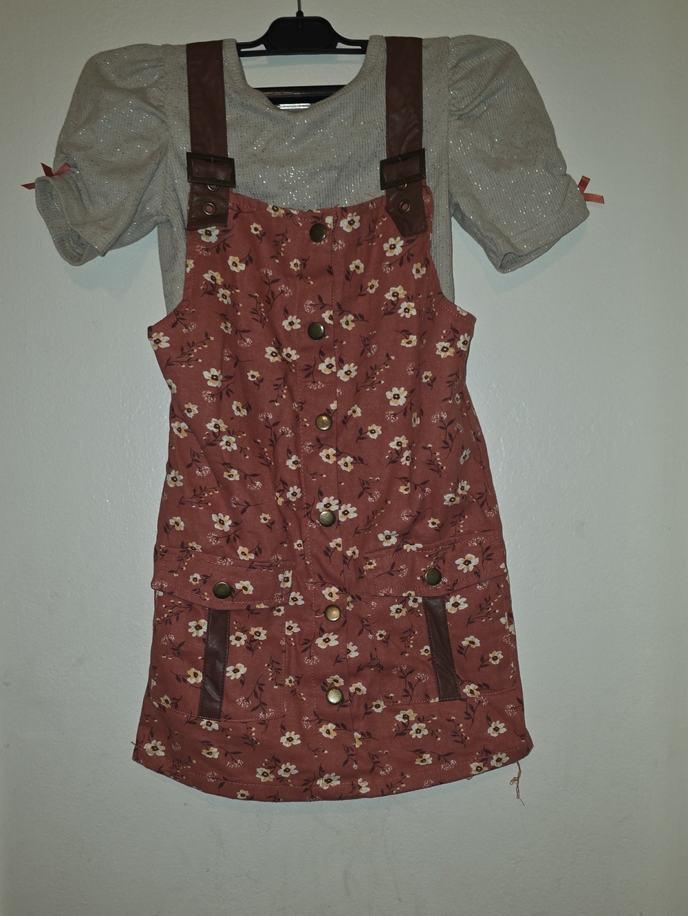 Little Lass Rust Floral Pinafore Dress with Brown Straps